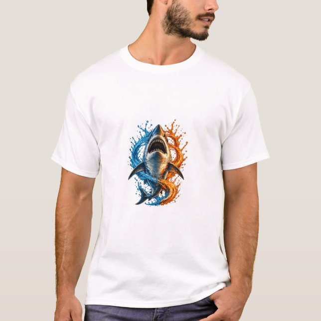 Camiseta Diseño de Salpicadura de Tiburón Feroz – Océano Az (Anverso)