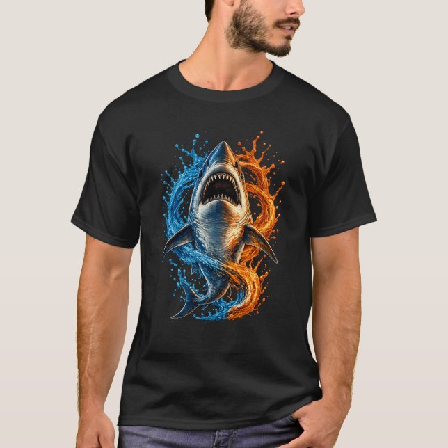 Camiseta Diseño de salpicadura de tiburón feroz – Océano az (Anverso)
