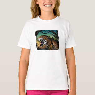 Camiseta Diseño de selva con jaguar rugiente – Verde azulad