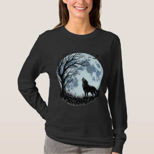 Camiseta Diseño de silueta de árbol de luna aullando lobo v
