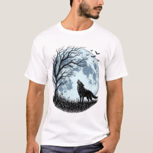 Camiseta Diseño de silueta de árbol de luna aullando lobo v