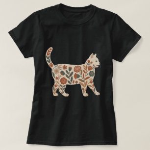 Camiseta Diseño de silueta de gato floral de arte popular