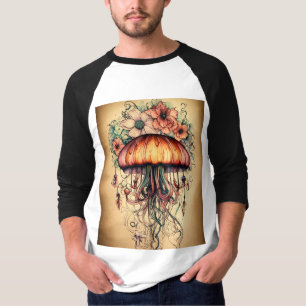 Camiseta Diseño de tatuaje de medusas con elementos florale