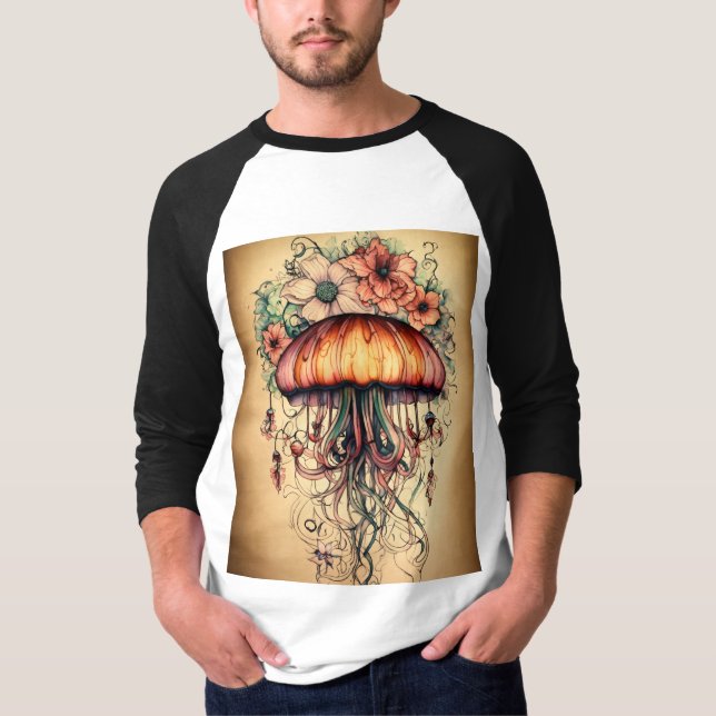 Camiseta Diseño de tatuaje de medusas con elementos florale (Anverso)