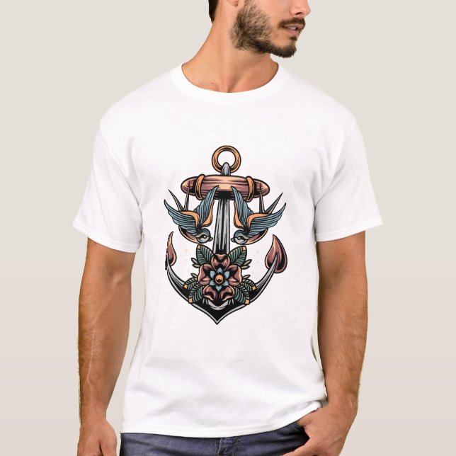 Camiseta Diseño de tatuajes de ancla y golondrinas    Camis (Anverso)