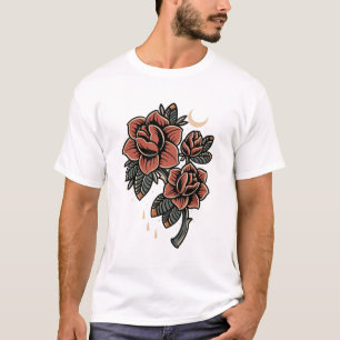 Camiseta Diseño de tatuajes de estilo antiguo con rosas roj