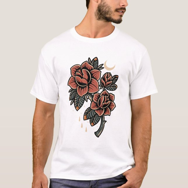 Camiseta Diseño de tatuajes de estilo antiguo con rosas roj (Anverso)