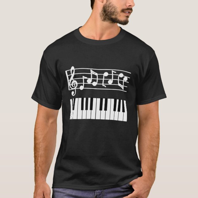 Camiseta Diseño de teclado piano con notas musicales Piano  (Anverso)