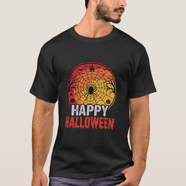 Camiseta Diseño de vector de telaraña de Halloween feliz (Anverso)