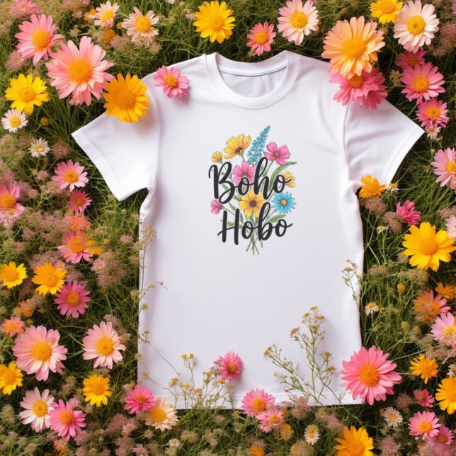 Camiseta Diseño del ramo de flores Boho Hobo (Boho hobo flower bouquet t-shirt design,fresh and floral in pink, yellow and blue.)