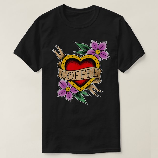 Camiseta Diseño del tatuaje tradicional del corazón del caf (Diseño del anverso)