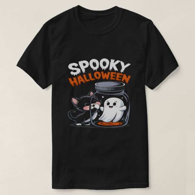 Camiseta Diseño divertido y divertido de gato y fantasmas e (Diseño del anverso)