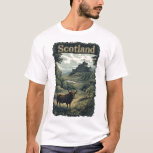 Camiseta Diseño escocés: Vaca Highland, castillo y paisaje