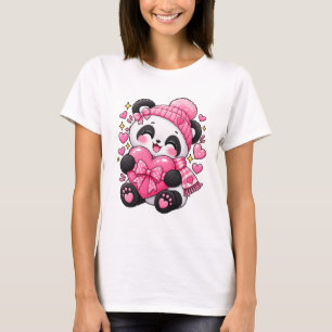 Camiseta Diseño Feliz de Corazón Rosa Panda Lindo