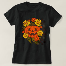 Camiseta Diseño Floral Retro de Calabaza Sonriente para Hal
