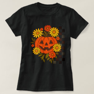 Camiseta Diseño Floral Retro de Calabaza Sonriente para Hal