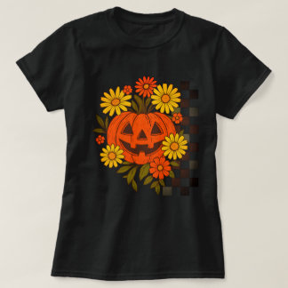 Camiseta Diseño Floral Retro de Calabaza Sonriente para Hal
