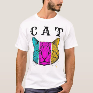 Camiseta Diseño Gráfico de Bloque de Color de Gato Grabado 