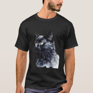Camiseta Diseño Gráfico de Gato Negro Acuarela Ojos Amarill