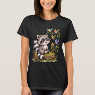 Camiseta Diseño Kawaii de Mapache Observando Aves