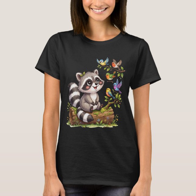 Camiseta Diseño Kawaii de Mapache Observando Aves (Anverso)
