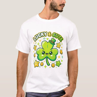 Camiseta Diseño Kawaii de Trébol Afortunado y Lindo