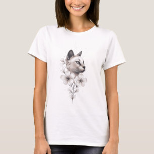 Camiseta Diseño Minimalista de gatos y flores siameses