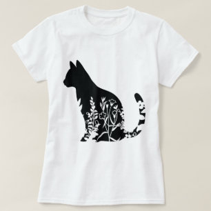 Camiseta Diseño minimalista de silueta de gato floral