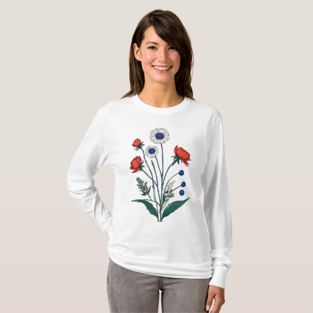 Camiseta "Diseño Minimalista Pressed Daisy & Leaf" (Anverso completo)