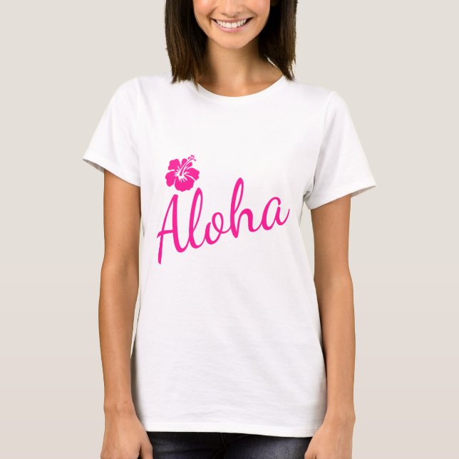 Camiseta Diseño original de texto rosa ALOHA y flor (Anverso)