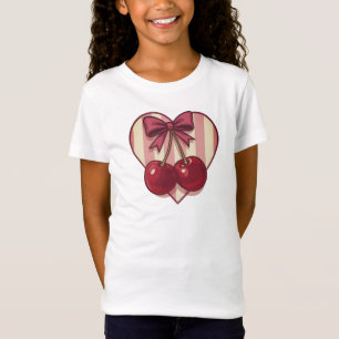 Camiseta Diseño Retro de Corazones con Cerezas y Lazo Cute 