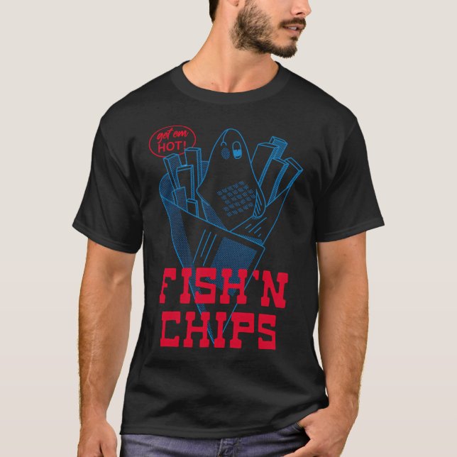 Camiseta Diseño Retro de Fish and Chips - Comida Inglesa (Anverso)
