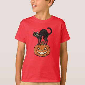 Camiseta Diseño retro de gato negro y calabaza de Halloween