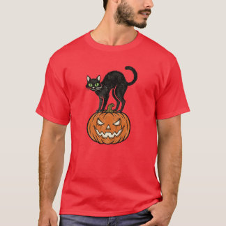 Camiseta Diseño retro de gato negro y calabaza de Halloween