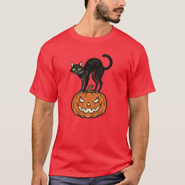 Camiseta Diseño retro de gato negro y calabaza de Halloween (Anverso)