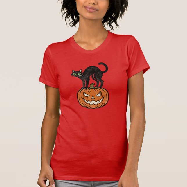 Camiseta Diseño retro de gato negro y calabaza de Halloween (Anverso)