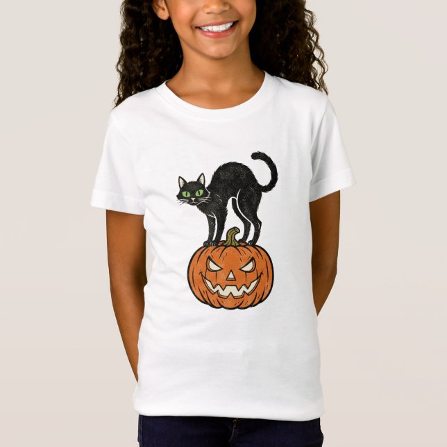 Camiseta Diseño retro de gato negro y calabaza de Halloween (Anverso)