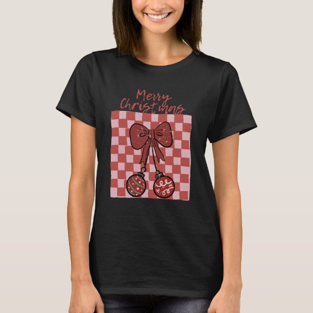 Camiseta Diseño Retro de Lazo y Adornos de Feliz Navidad (Anverso)