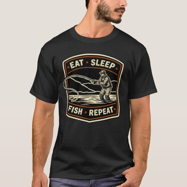 Camiseta Diseño retro de pesca con mosca comer dormir pesca (Anverso)