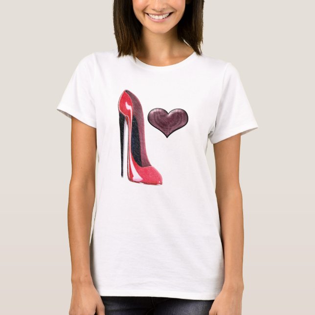 Camiseta Diseño rojo del zapato y del corazón 3D del (Anverso)