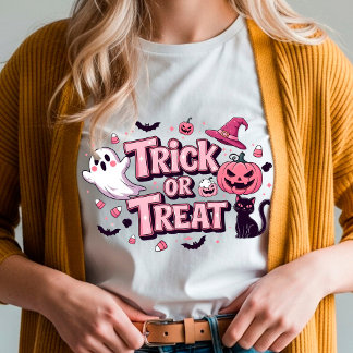 Camiseta Diseño rosa de Halloween "Trick or Trea" Fantasma
