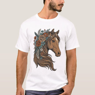 Camiseta diseño vectorial de cabeza de caballo floral vinta