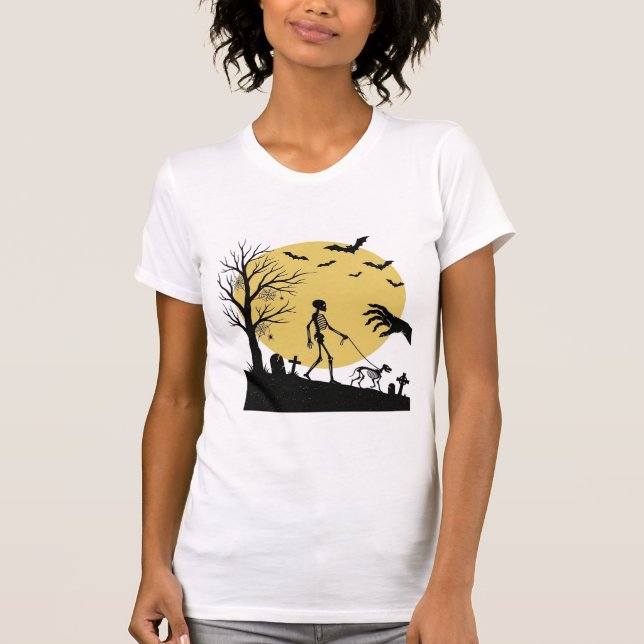 Camiseta Diseño vectorial de perro esqueleto luna de Hallow (Anverso)