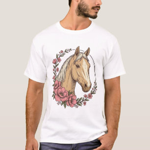 Camiseta Diseño vectorial de retrato de caballo floral vint