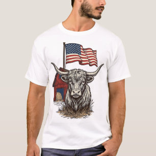 Camiseta Diseño vectorial de vaca Longhorn patriótica y gra