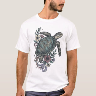 Camiseta Diseño vectorial floral de tortuga marina con grab