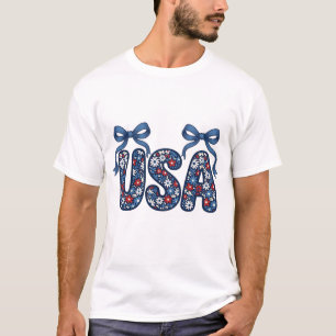 Camiseta Diseño vectorial patriótico de lazo floral USA_1