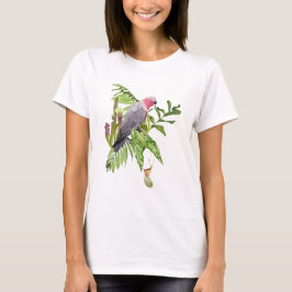 Camiseta Diseño veraniego con pájaro loro rosado, tropical.