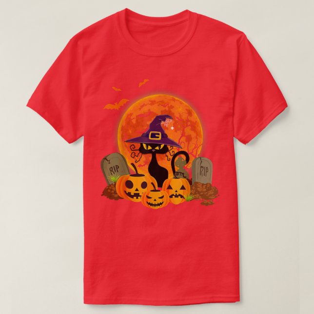 Camiseta Disfraz de Halloween con gato negro asustado (Diseño del anverso)
