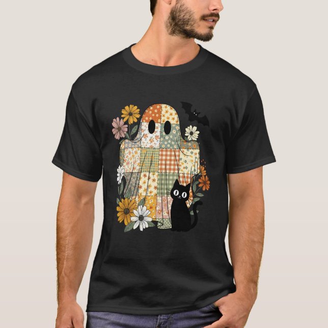 Camiseta Disfraz de Halloween de parches de fantasma de gat (Anverso)